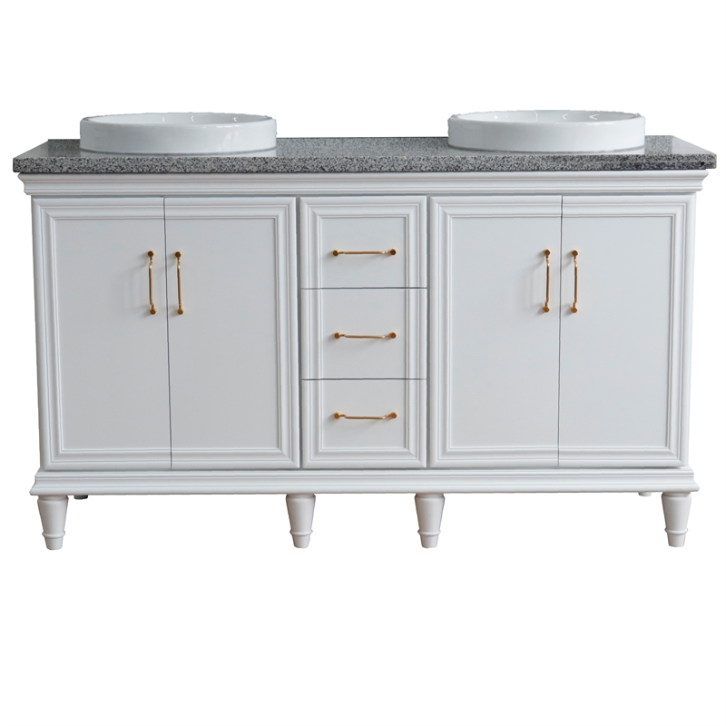 61 in. Double Wooden Vanity White Gray Granite Rectangle Sink