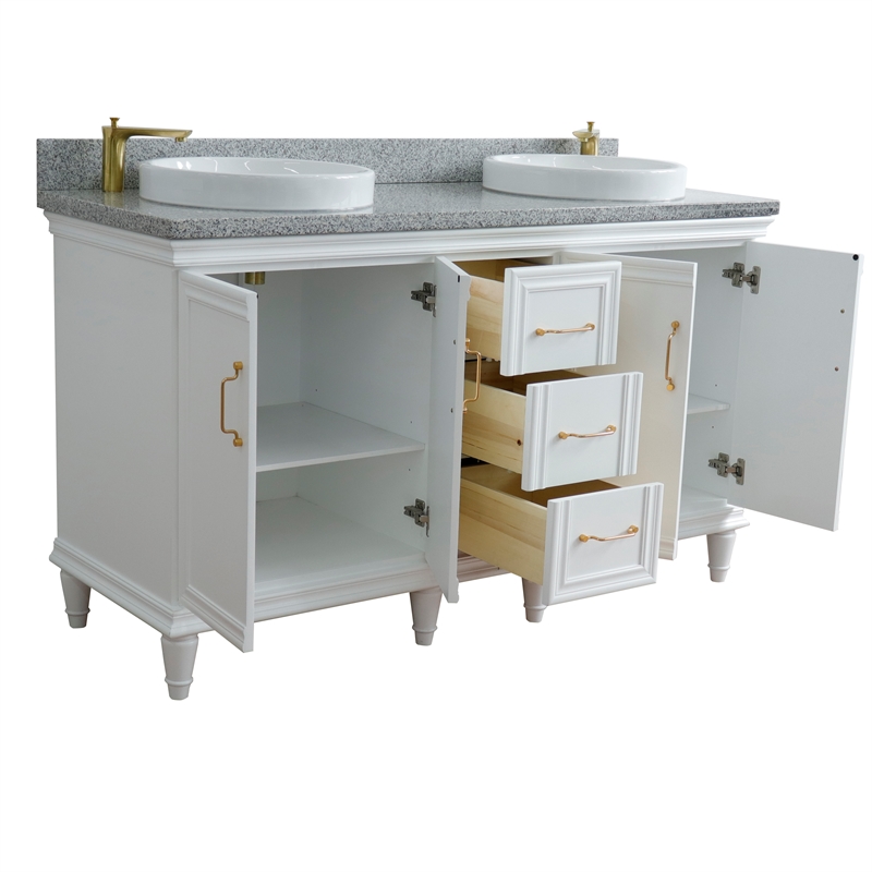 61 in. Double Wooden Vanity White Gray Granite Rectangle Sink