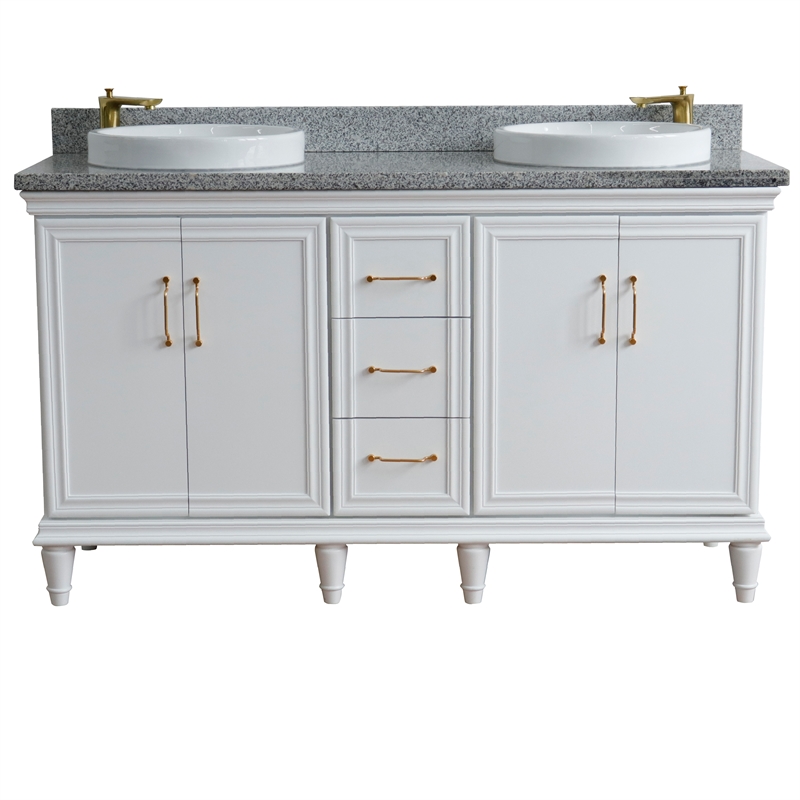 61 in. Double Wooden Vanity White Gray Granite Rectangle Sink