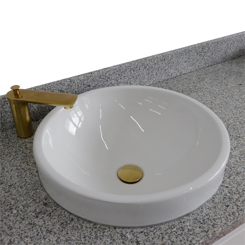 61 in. Double Wooden Vanity White Gray Granite Rectangle Sink