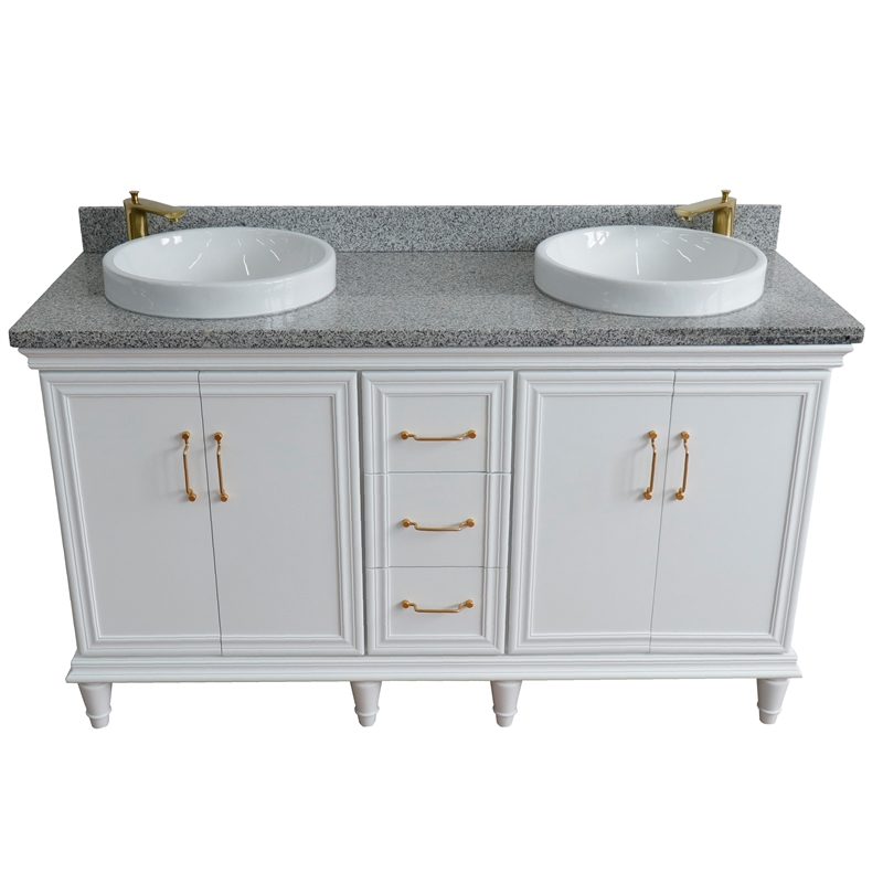 61 in. Double Wooden Vanity White Gray Granite Rectangle Sink