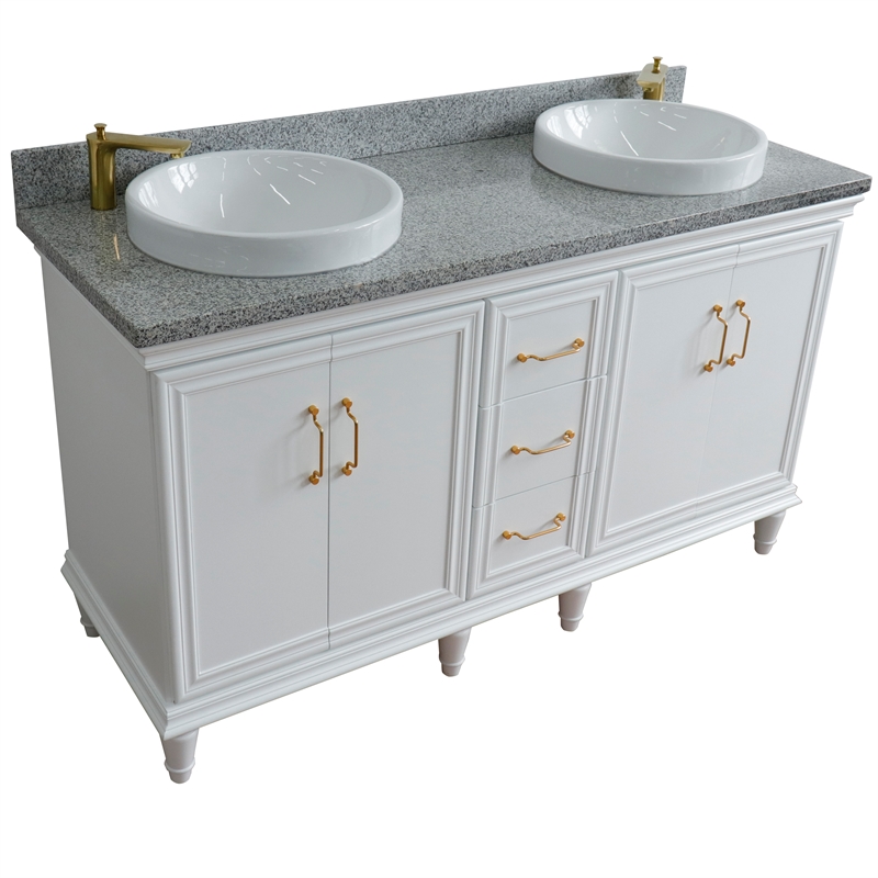 61 in. Double Wooden Vanity White Gray Granite Rectangle Sink