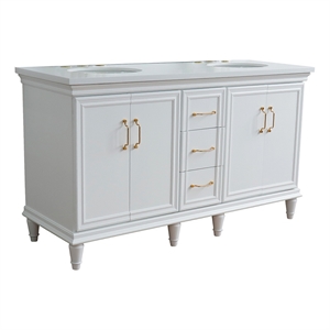 61 in. Double Wooden Vanity White White Quartz Oval Sink