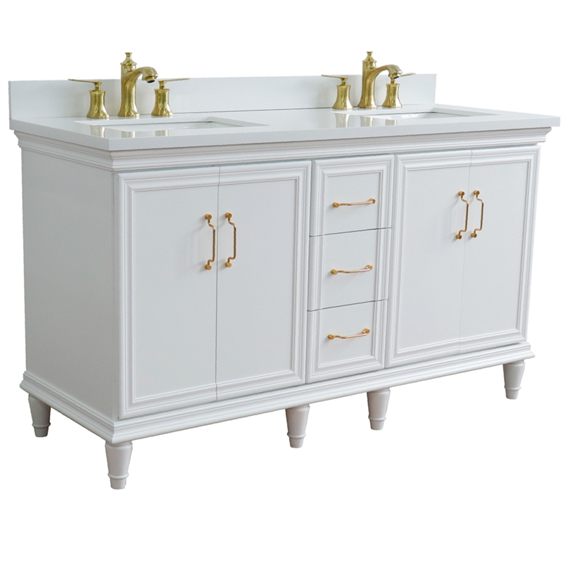 61 in. Double Wooden Vanity White White Quartz Rectangle Sink