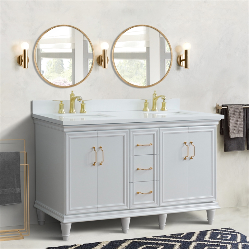 61 in. Double Wooden Vanity White White Quartz Rectangle Sink