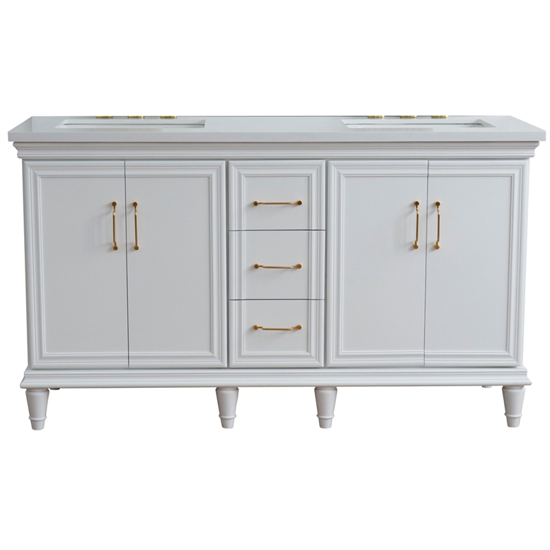 61 in. Double Wooden Vanity White White Quartz Rectangle Sink