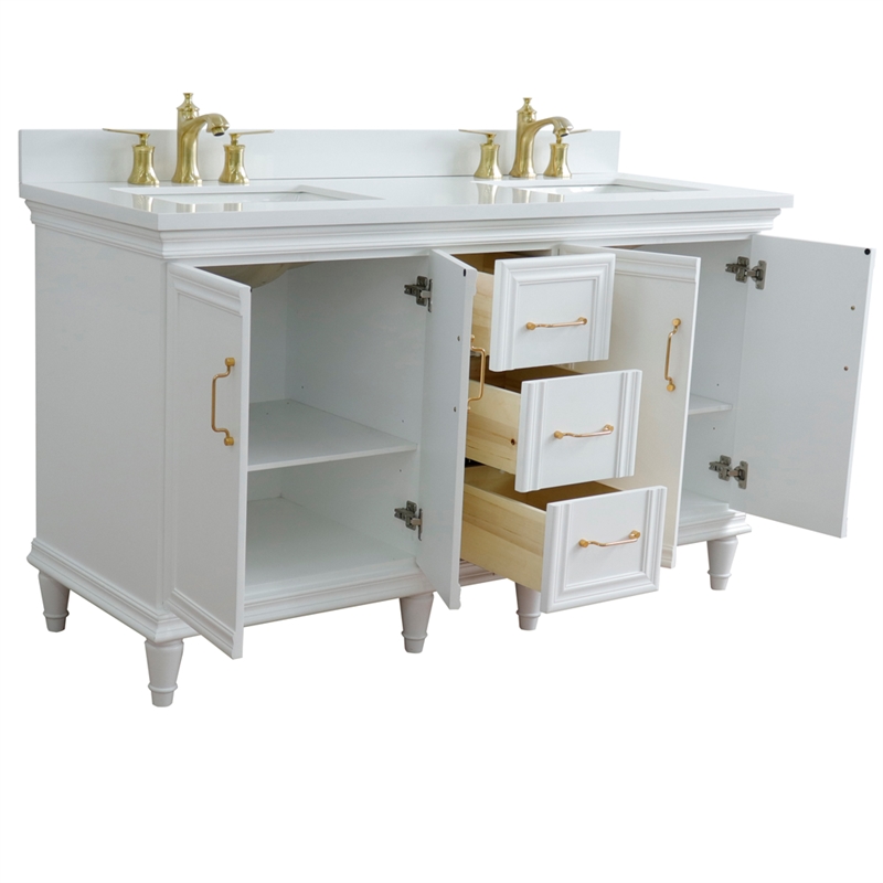 61 in. Double Wooden Vanity White White Quartz Rectangle Sink