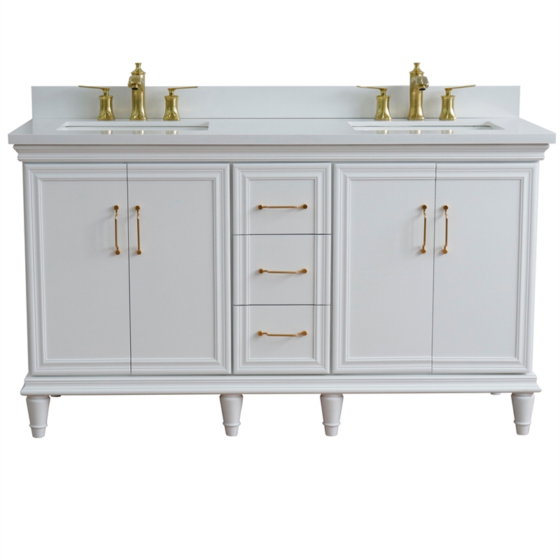 61 in. Double Wooden Vanity White White Quartz Rectangle Sink