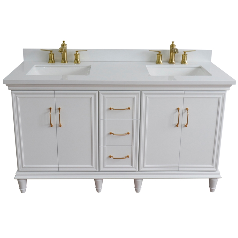 61 in. Double Wooden Vanity White White Quartz Rectangle Sink