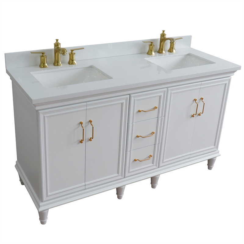 61 in. Double Wooden Vanity White White Quartz Rectangle Sink
