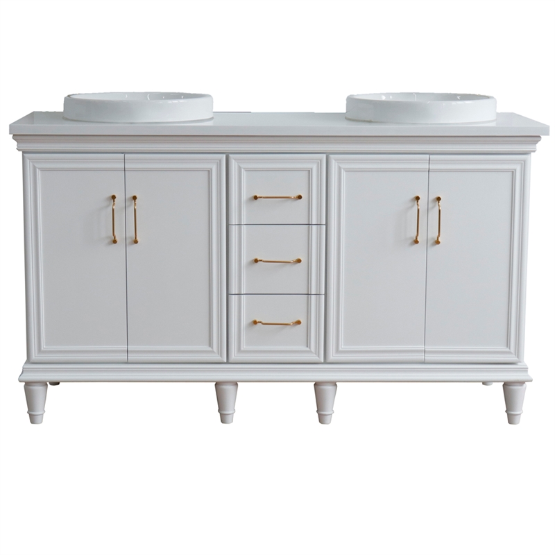61 in. Double Wooden Vanity White White Quartz Round Sink