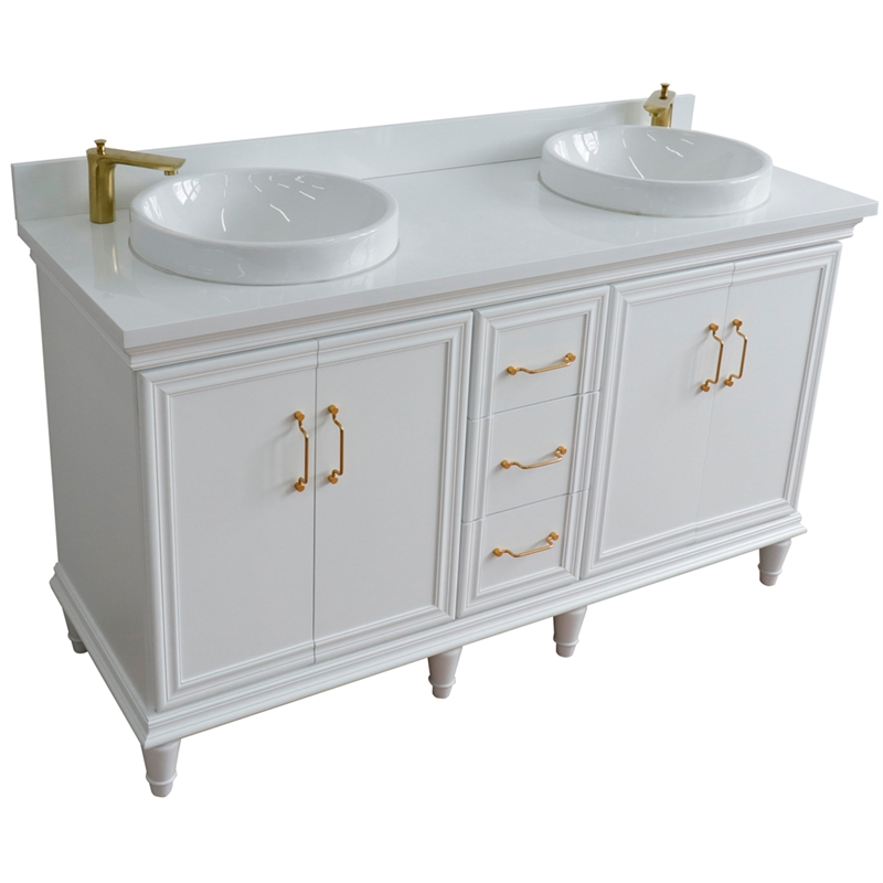 61 in. Double Wooden Vanity White White Quartz Round Sink