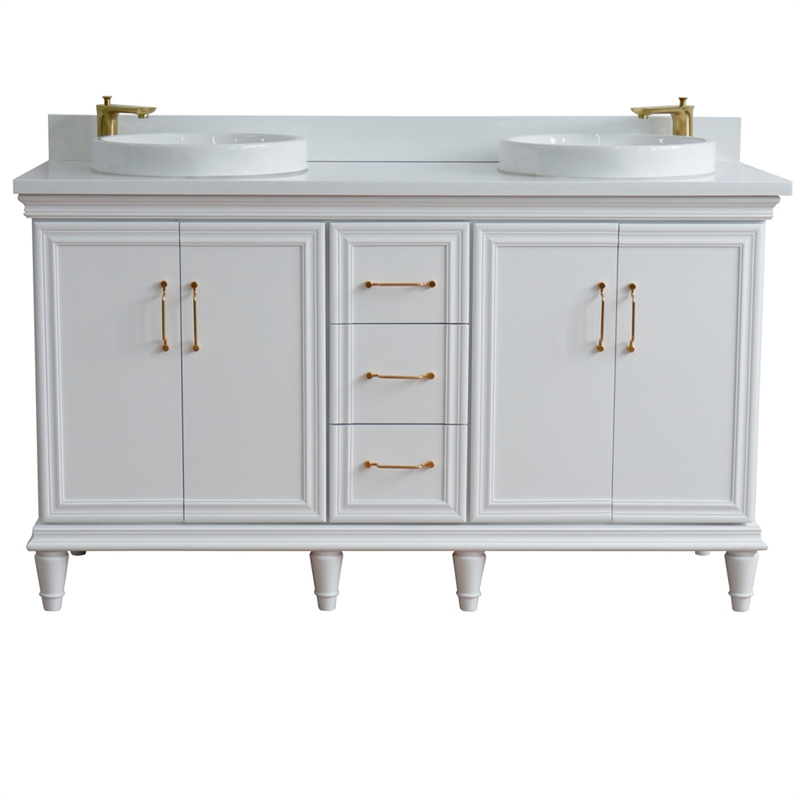 61 in. Double Wooden Vanity White White Quartz Round Sink