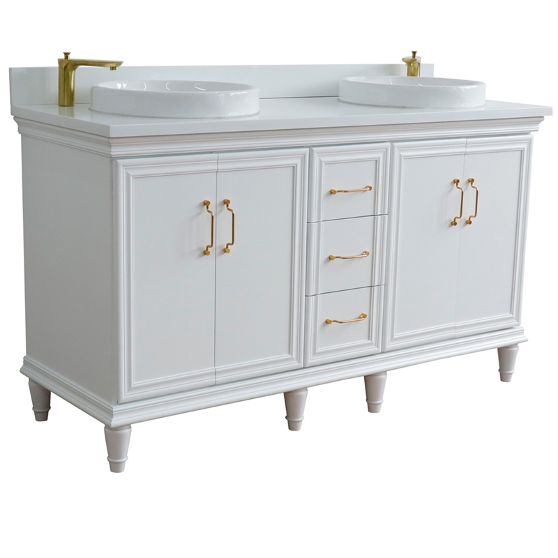 61 in. Double Wooden Vanity White White Quartz Round Sink
