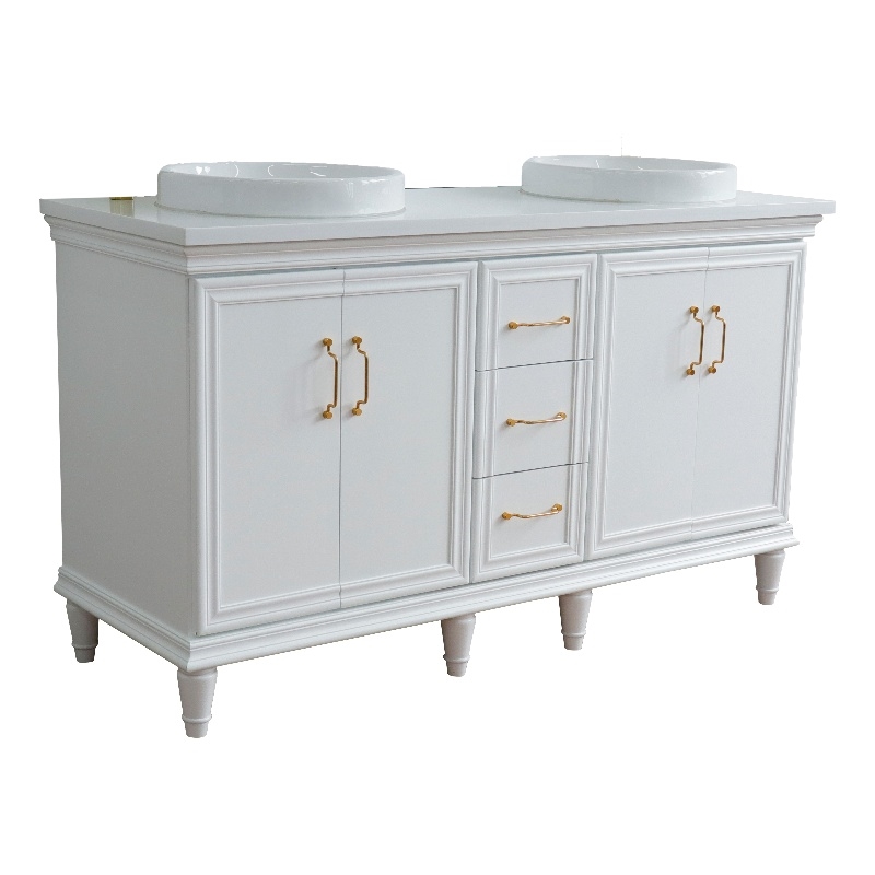 61 in. Double Wooden Vanity White White Quartz Round Sink