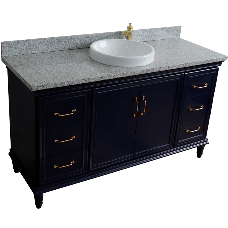 61 in. Single Wooden Vanity  Blue Gray Granite Rectangle Sink