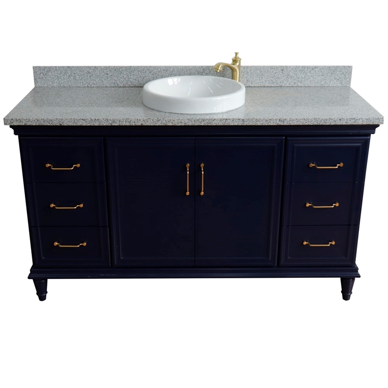 61 in. Single Wooden Vanity  Blue Gray Granite Rectangle Sink