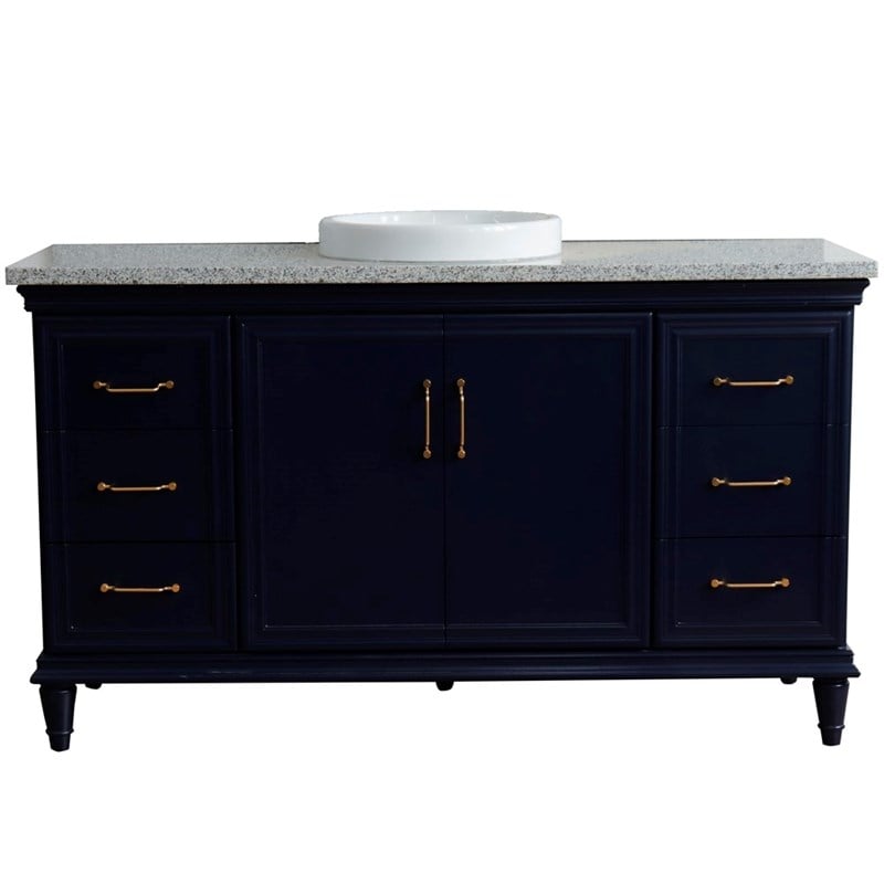 61 in. Single Wooden Vanity  Blue Gray Granite Round Sink