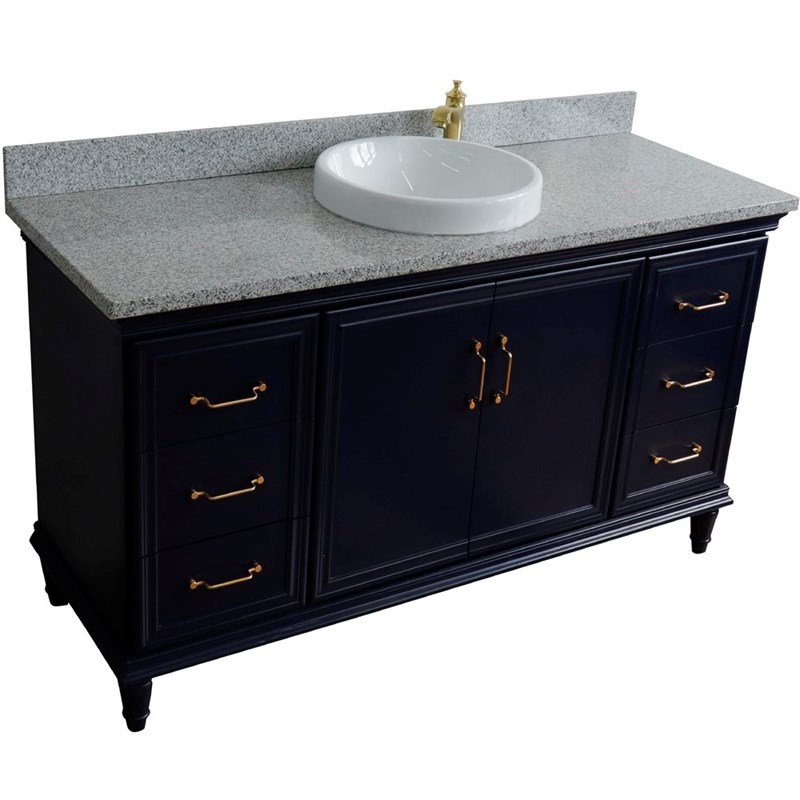 61 in. Single Wooden Vanity  Blue Gray Granite Round Sink