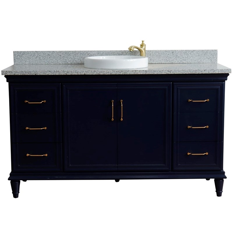 61 in. Single Wooden Vanity  Blue Gray Granite Round Sink
