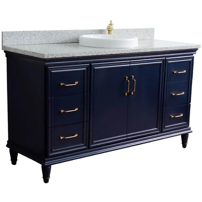 61 in. Single Wooden Vanity  Blue Gray Granite Round Sink