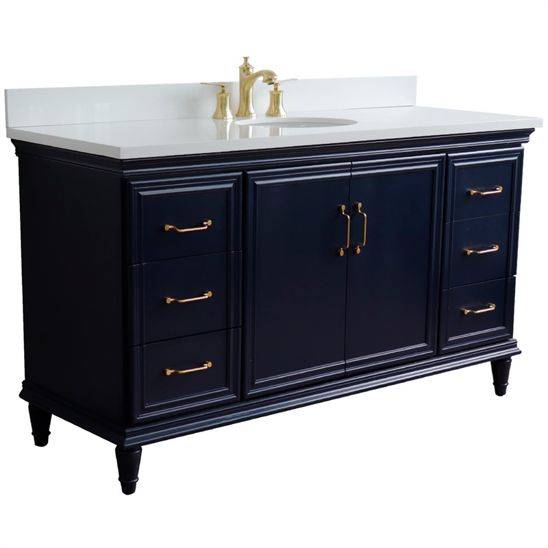 61 in. Single Wooden Vanity  Blue White Quartz Oval Sink