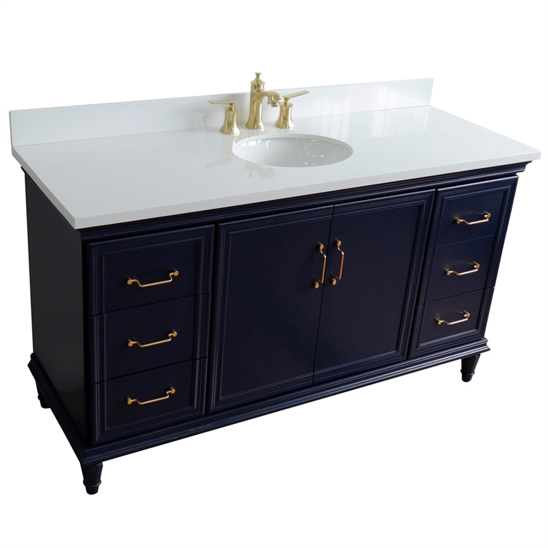 61 in. Single Wooden Vanity  Blue White Quartz Oval Sink