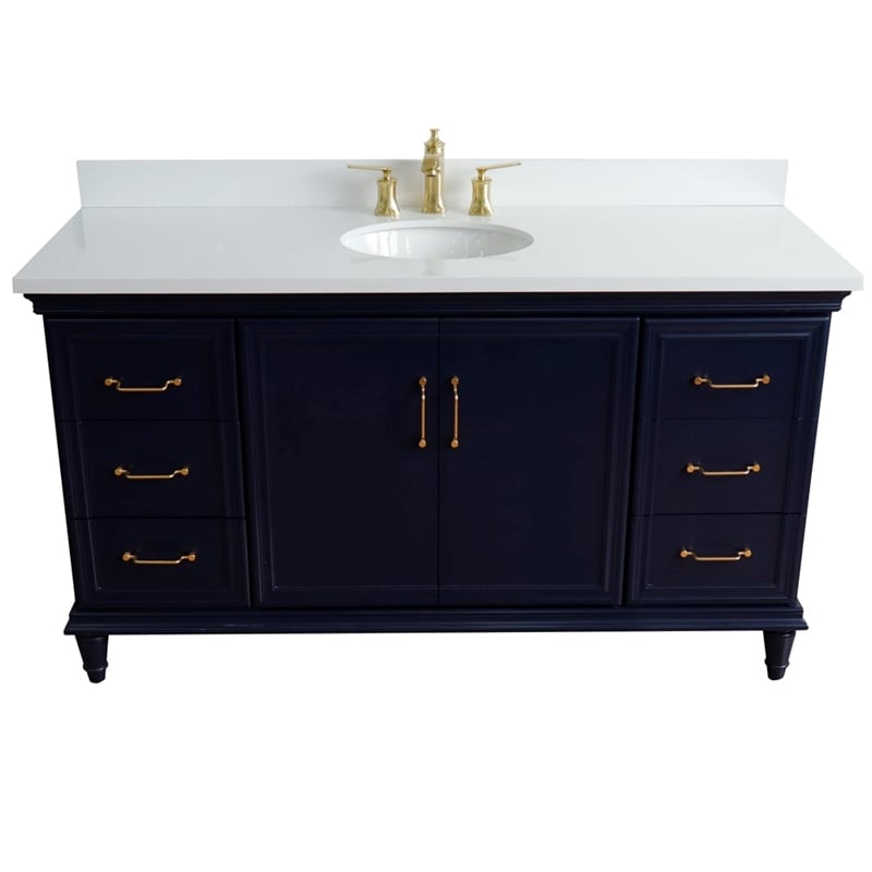 61 in. Single Wooden Vanity  Blue White Quartz Oval Sink