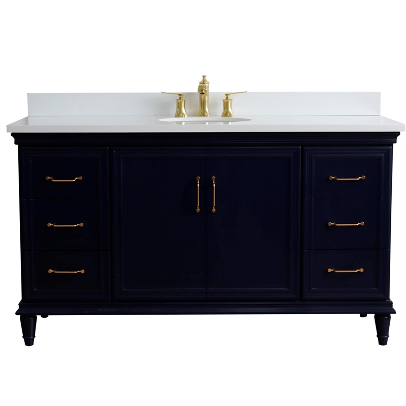 61 in. Single Wooden Vanity  Blue White Quartz Oval Sink