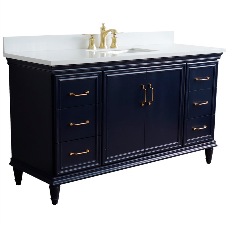 61 in. Single Wooden Vanity  Blue White Quartz Rectangle Sink
