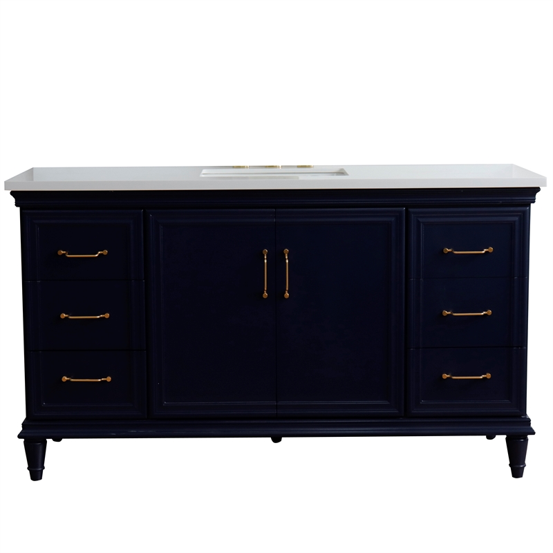 61 in. Single Wooden Vanity  Blue White Quartz Rectangle Sink
