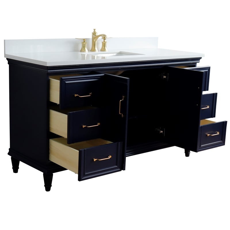 61 in. Single Wooden Vanity  Blue White Quartz Rectangle Sink
