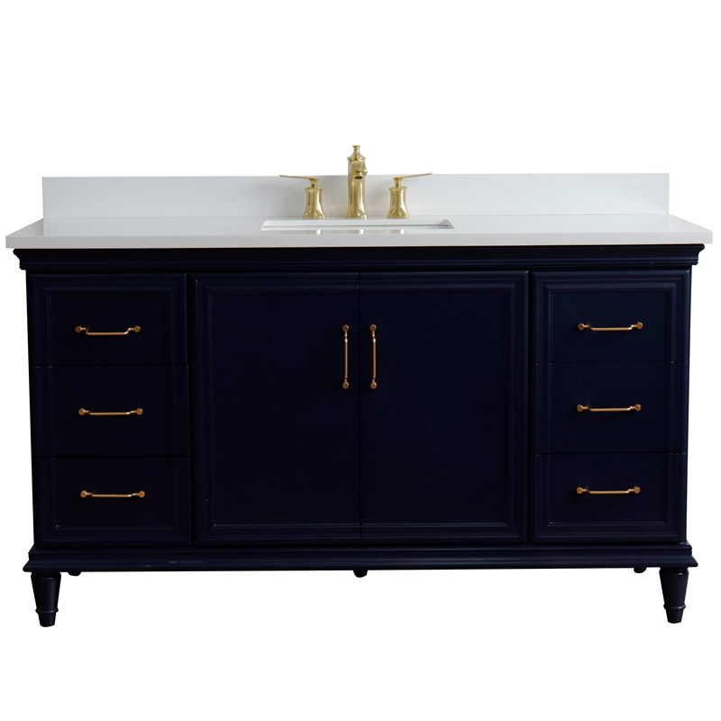 61 in. Single Wooden Vanity  Blue White Quartz Rectangle Sink
