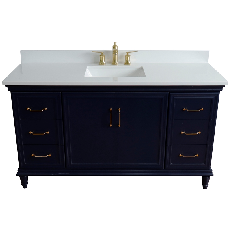 61 in. Single Wooden Vanity  Blue White Quartz Rectangle Sink