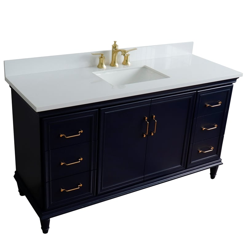 61 in. Single Wooden Vanity  Blue White Quartz Rectangle Sink