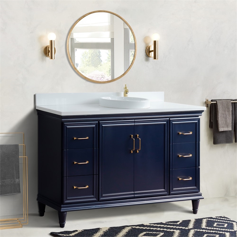 61 in. Single Wooden Vanity  Blue White Quartz Round Sink