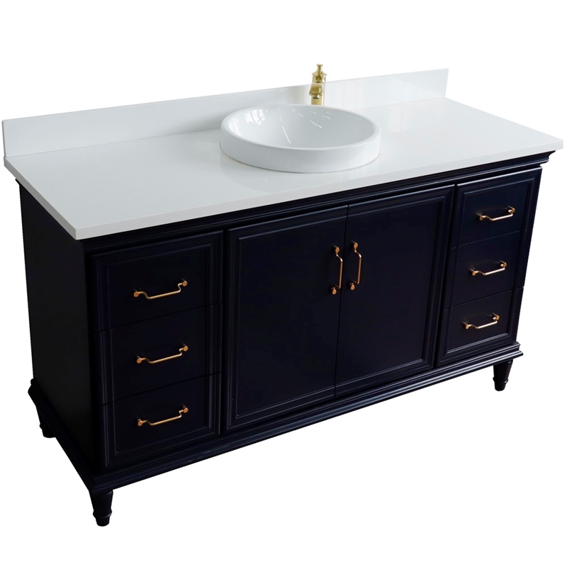 61 in. Single Wooden Vanity  Blue White Quartz Round Sink