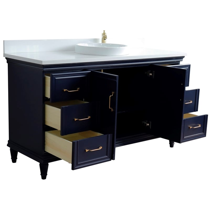 61 in. Single Wooden Vanity  Blue White Quartz Round Sink