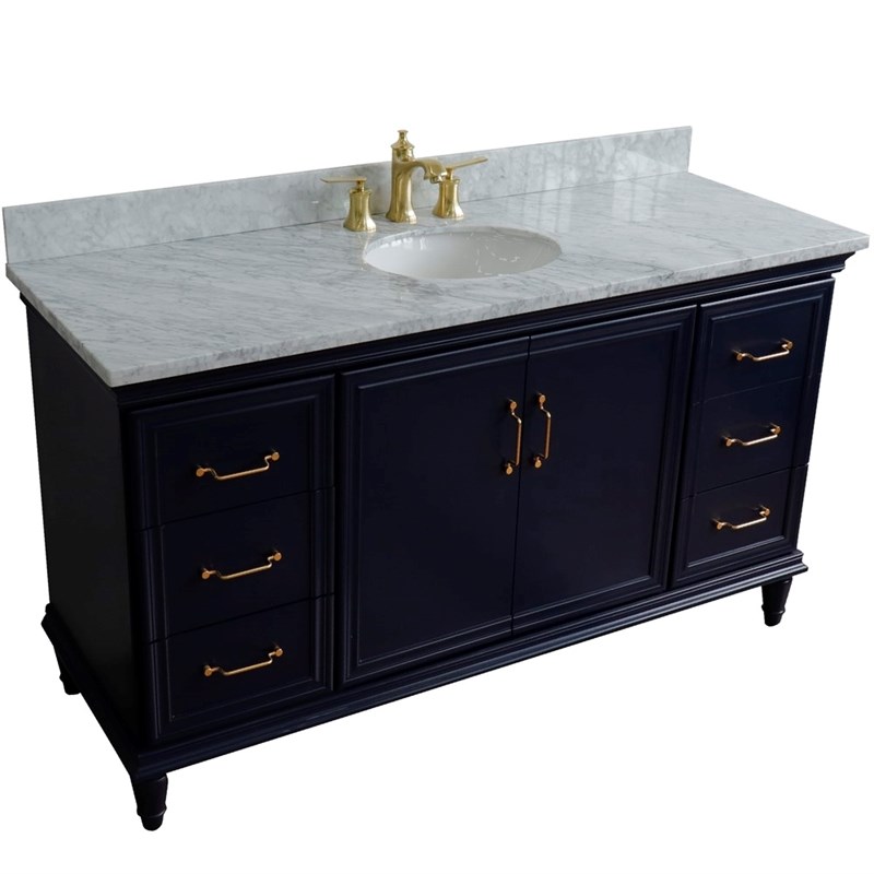 61 in. Single Wooden Vanity  Blue White Carrara Marble Oval Sink