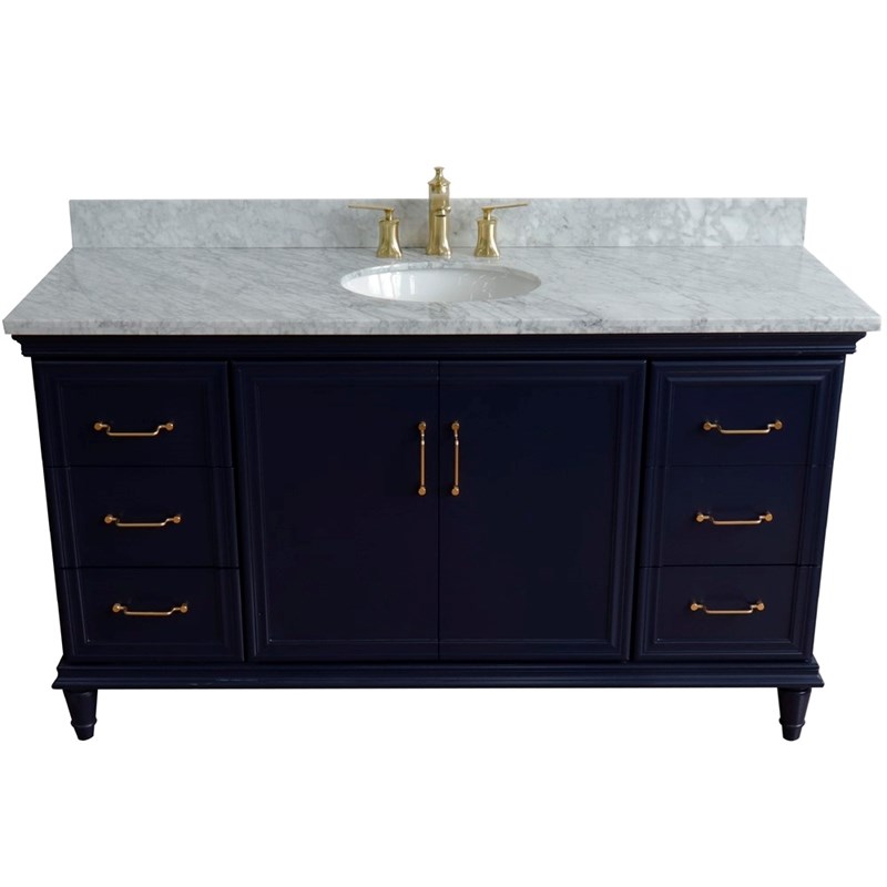 61 in. Single Wooden Vanity  Blue White Carrara Marble Oval Sink
