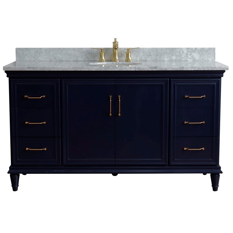 61 in. Single Wooden Vanity  Blue White Carrara Marble Oval Sink
