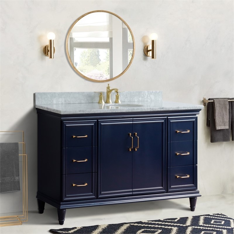 61 in. Single Wooden Vanity  Blue White Carrara Marble Oval Sink