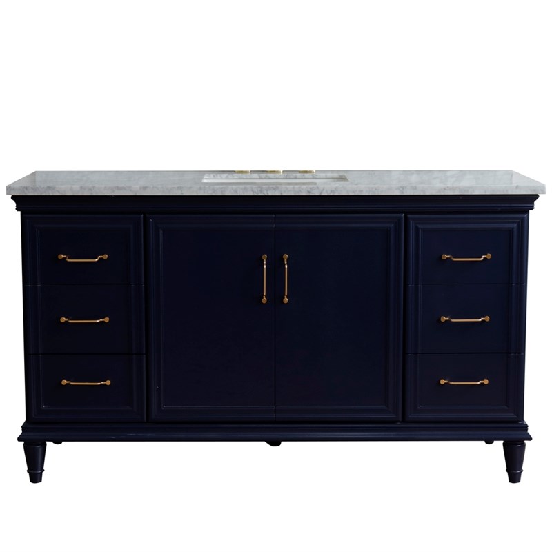 61 in. Single Wooden Vanity  Blue White Carrara Marble Rectangle Sink