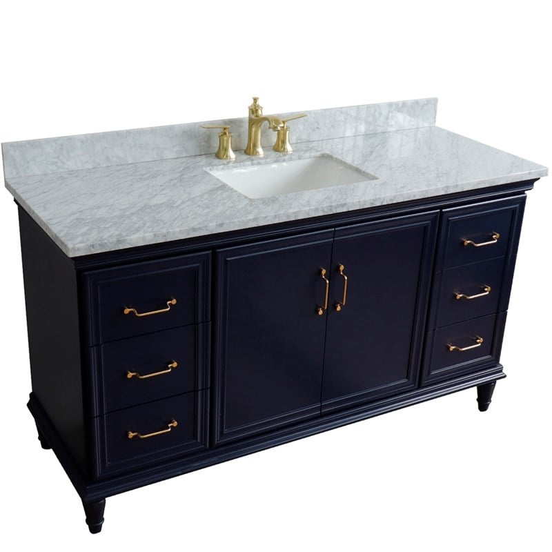 61 in. Single Wooden Vanity  Blue White Carrara Marble Rectangle Sink