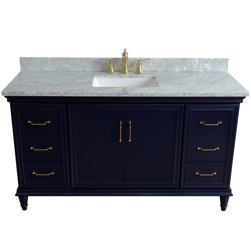 61 in. Single Wooden Vanity  Blue White Carrara Marble Rectangle Sink
