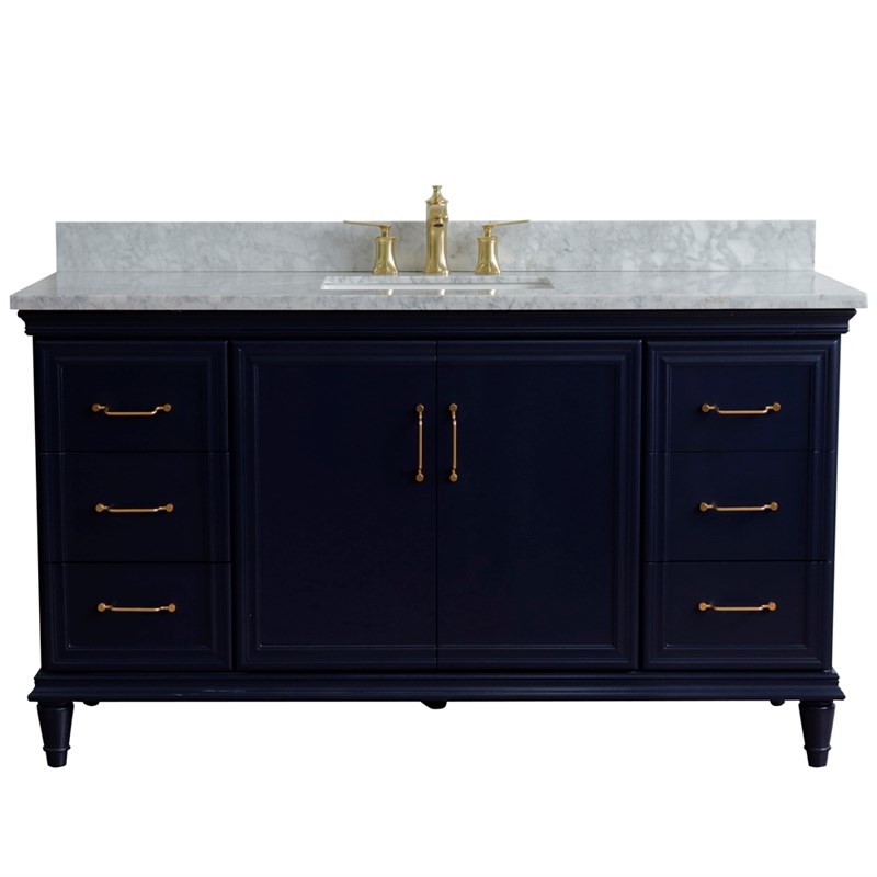 61 in. Single Wooden Vanity  Blue White Carrara Marble Rectangle Sink