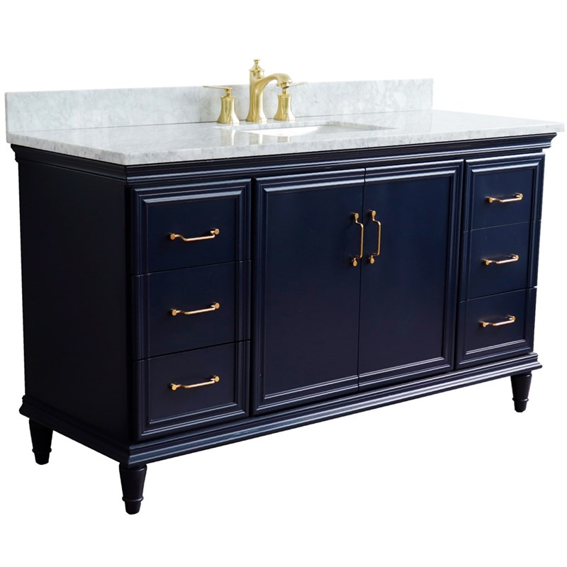61 in. Single Wooden Vanity  Blue White Carrara Marble Rectangle Sink
