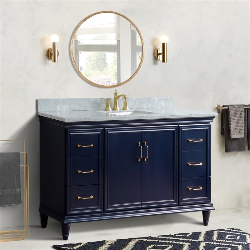 61 in. Single Wooden Vanity  Blue White Carrara Marble Rectangle Sink