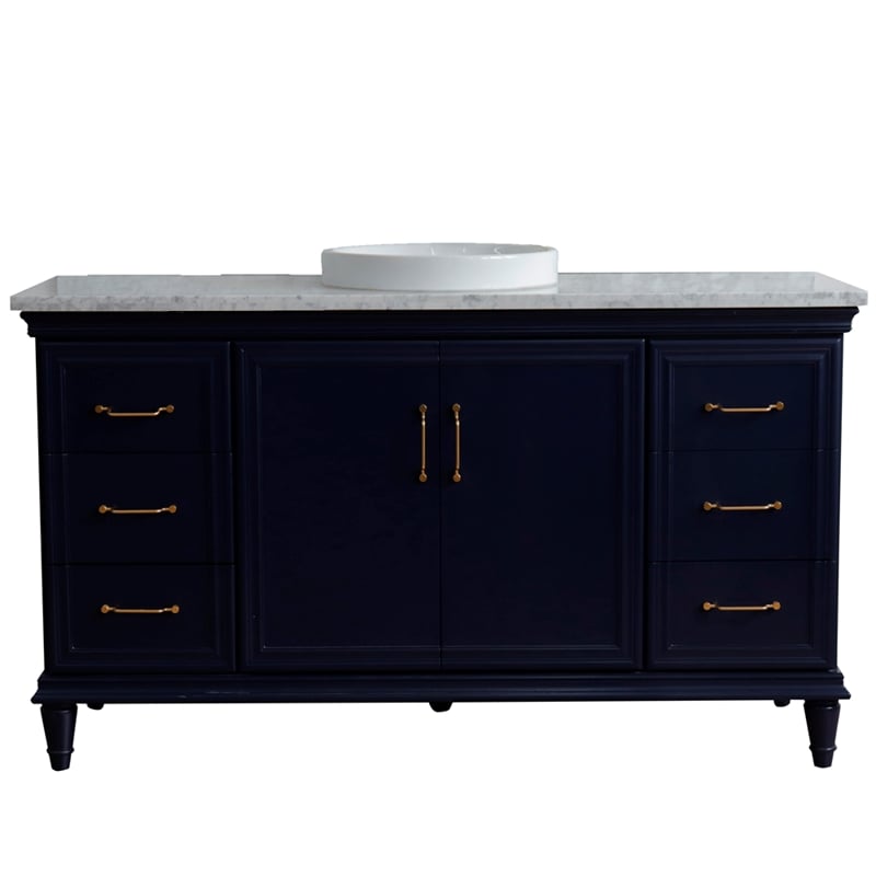 61 in. Single Wooden Vanity  Blue White Carrara Marble Round Sink