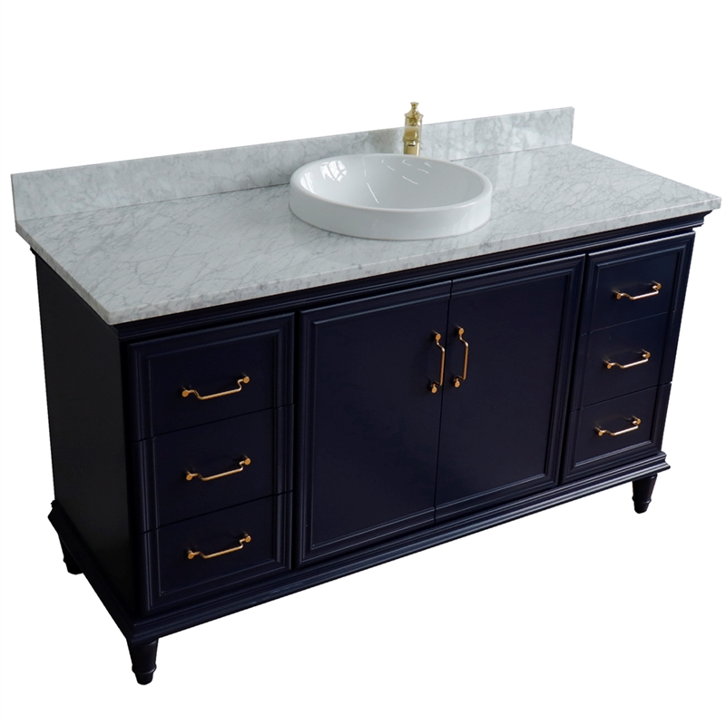 61 in. Single Wooden Vanity  Blue White Carrara Marble Round Sink